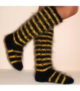 Hand Knitted Striped Mohair Socks Luxurious Yellow and Black Legwarmers Handgestrickte pullover by Extravagantza
