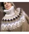 Icelandic Hand Knit Mohair Sweater Light Brown and White Fuzzy Turtleneck