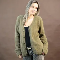 100% Pure Angora Hand Knit Cardigan V-Neck Olive Green Handgestrickte pullover