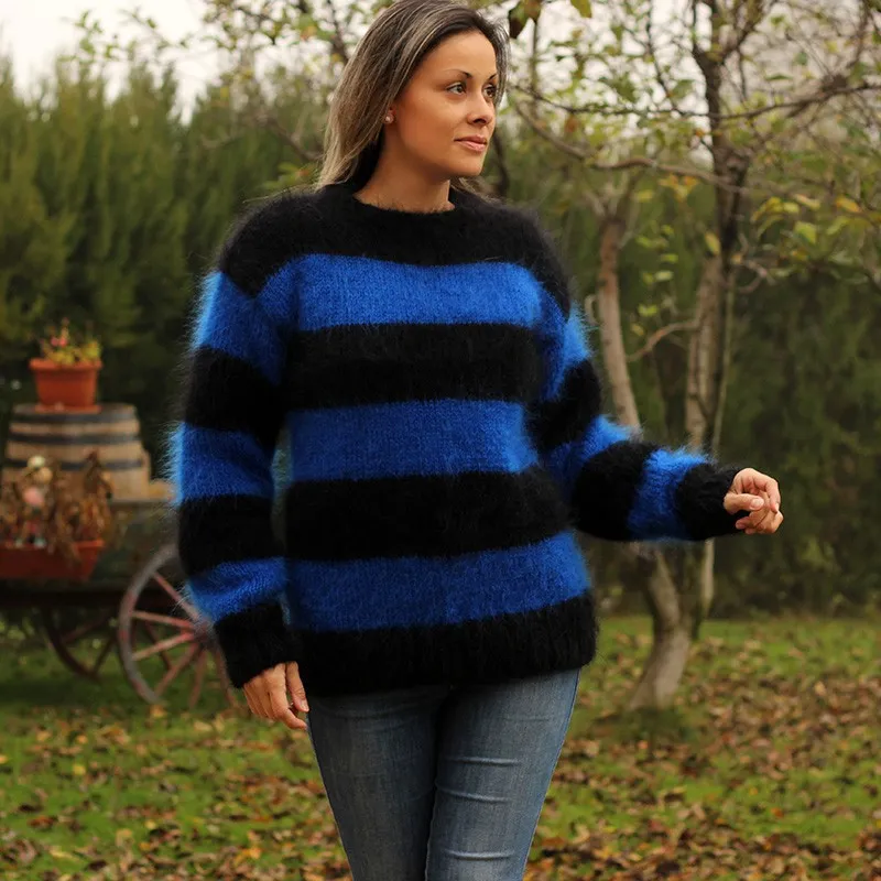 Hand Knit Mohair Sweater Striped Black Blue Fuzzy Crew neck