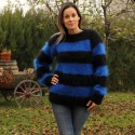 Hand Knit Mohair Sweater striped blue black Fuzzy crew neck Handgestrickt pullover by Extravagantza