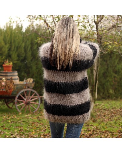 Hand Knit Mohair Sweater striped Black gray Fuzzy Turtleneck 10 strands Handgestrickt pullover by Extravagantza