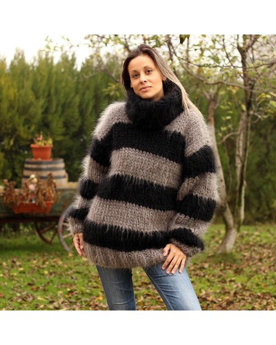 Hand Knit Mohair Sweater Striped Gray Black Fuzzy Turtleneck 10 strands