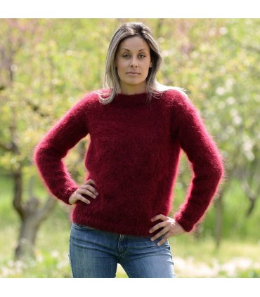 100% Hand Knit Mohair Sweater Dark Red Fuzzy Crew Neck pullover