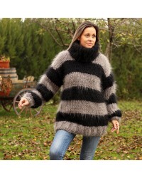 Hand Knit Mohair Sweater striped Black gray Fuzzy Turtleneck 10 strands Handgestrickt pullover by Extravagantza