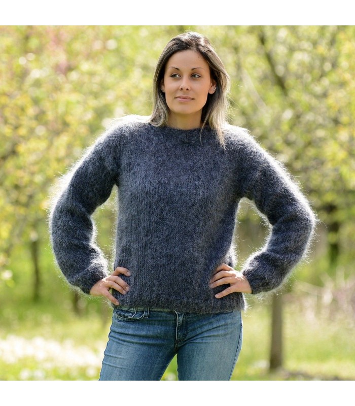 Hand Knit Mohair Sweater Dark Gray Mix Fuzzy Crew Neck Handgestrickte pullover by Extravagantza
