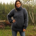Hand Knit Mohair Sweater very dark gray Fuzzy Turtleneck Handgestrickt pullover by Extravagantza
