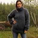 Hand Knit Mohair Sweater very dark gray Fuzzy Turtleneck Handgestrickt pullover by Extravagantza