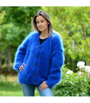 Royal Blue Hand Knit Mohair Cardigan Fuzzy V-neck Jacket