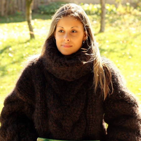 Hand Knit Mohair Sweater brown black Fuzzy Turtleneck 10 strands Handgestrickt pullover by Extravagantza