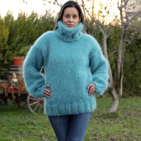 Hand Knit Mohair Sweater Pale Turquoise Fuzzy Turtleneck 7 strands