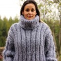 Hand Knit Mohair Sweater Ribbed gray Fuzzy Turtleneck 10 strands Handgestrickt pullover by Extravagantza