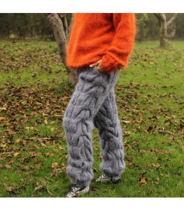 Hand Knit Mohair Pants Gray Mix with pockets