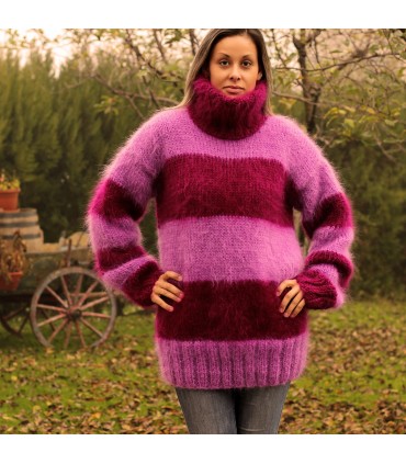 Hand Knit Mohair Sweater Striped Fuchsia Pink Fuzzy Turtleneck