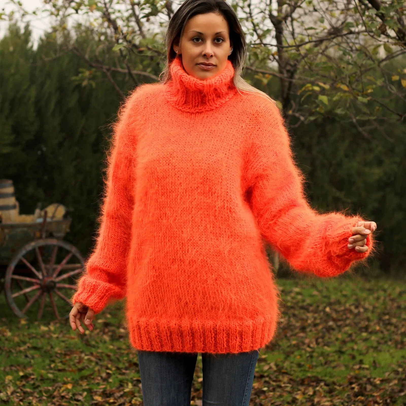 Neon orange hand knit mohair sweater by Extravagantza