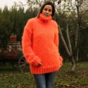 Hand Knitted Mohair Sweater neon orange Fuzzy Turtleneck Handgestrickt pullover by Extravagantza