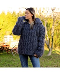 Hand Knit Mohair Sweater dark gray wing collar Handgestrickt pullover by Extravagantza