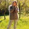 Cable Hand Knit Mohair Sweater gray Fuzzy Turtleneck Handgestrickt pullover by Extravagantza