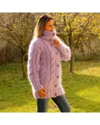 Hand Knit Mohair cardigan light lilack turtleneck Handgestrickt pullover by Extravagantza
