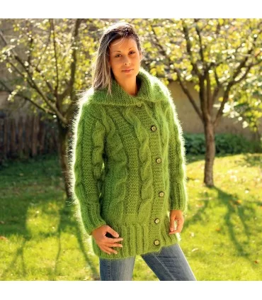 Hand Knit Mohair cardigan green turtleneck Handgestrickt pullover by Extravagantza