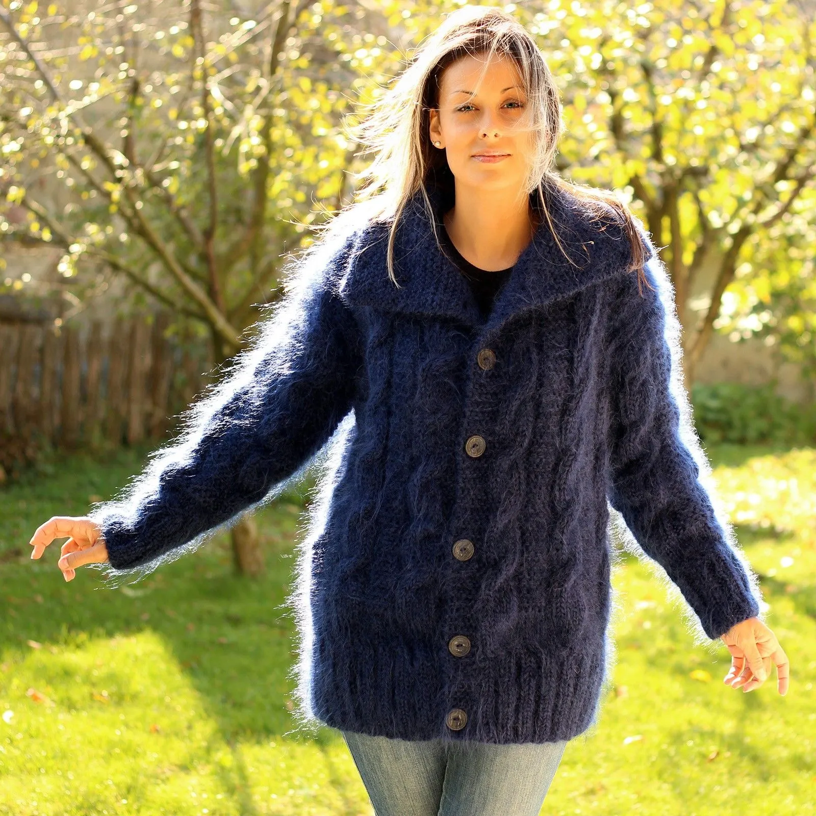 Dark Blue Hand Knit Mohair  Cardigan  Turtleneck