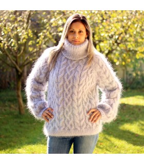 Cable Hand Knit Mohair Sweater ver light gray Fuzzy Turtleneck Handgestrickt pullover by Extravagantza
