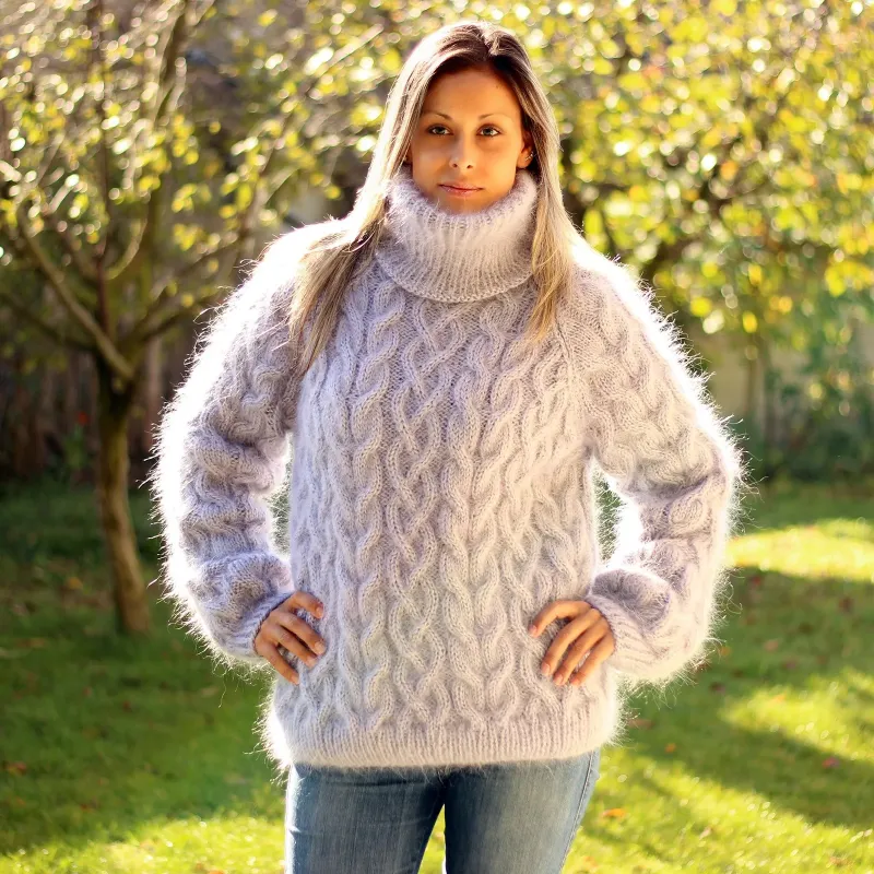 Cable Hand Knit Mohair Sweater ver light gray Fuzzy Turtleneck Handgestrickt pullover by Extravagantza Cable Hand Knit Mohair Sweater ver light gray Fuzzy Turtleneck Handgestrickt pullover by Extravagantza