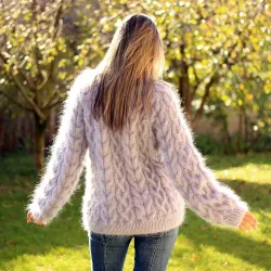 Cable Hand Knit Mohair Sweater ver light gray Fuzzy Turtleneck Handgestrickt pullover by Extravagantza