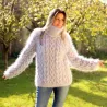 Cable Hand Knit Mohair Sweater ver light gray Fuzzy Turtleneck Handgestrickt pullover by Extravagantza