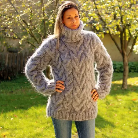 Cable Hand Knit Mohair Sweater Gray mix color Fuzzy Turtleneck 