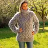 Cable Hand Knit Mohair Sweater light gray Fuzzy Turtleneck Handgestrickt pullover by Extravagantza