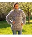 Cable Hand Knit Mohair Sweater Gray mix color Fuzzy Turtleneck pullover
