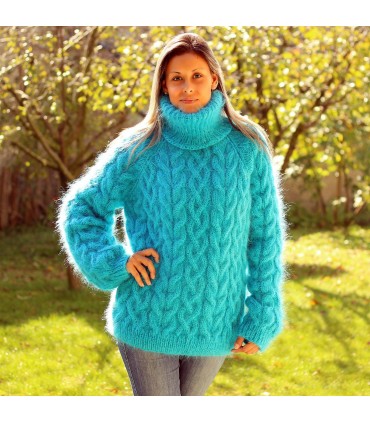 Hand Knit Mohair Sweater Turquoise Fuzzy Cable Turtleneck Pullover