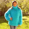Cable Hand Knit Mohair Sweater Turquoise Fuzzy Turtleneck Handgestrickt pullover by Extravagantza