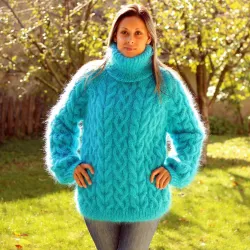 Cable Hand Knit Mohair Sweater Turquoise Fuzzy Turtleneck Handgestrickt pullover by Extravagantza
