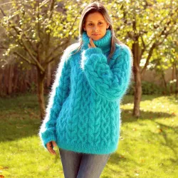 Cable Hand Knit Mohair Sweater Turquoise Fuzzy Turtleneck Handgestrickt pullover by Extravagantza