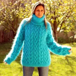 Cable Hand Knit Mohair Sweater Turquoise Fuzzy Turtleneck Handgestrickt pullover by Extravagantza
