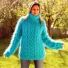 Cable Hand Knit Mohair Sweater Turquoise Fuzzy Turtleneck Handgestrickt pullover by Extravagantza