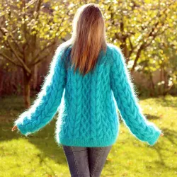Cable Hand Knit Mohair Sweater Turquoise Fuzzy Turtleneck Handgestrickt pullover by Extravagantza