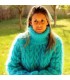 Cable Hand Knit Mohair Sweater Turquoise Fuzzy Turtleneck Handgestrickt pullover by Extravagantza