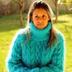 Cable Hand Knit Mohair Sweater Turquoise Fuzzy Turtleneck Handgestrickt pullover by Extravagantza