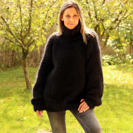 Hand Knitted Mohair Sweater Black color Fuzzy Turtleneck Pullover
