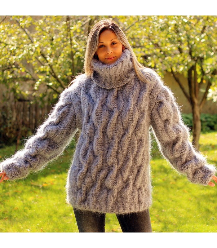 Designer Hand Knitted Wool Sweater Light Grey Thick Cable Turtleneck Jumper Gray Jersey by Extravagantza