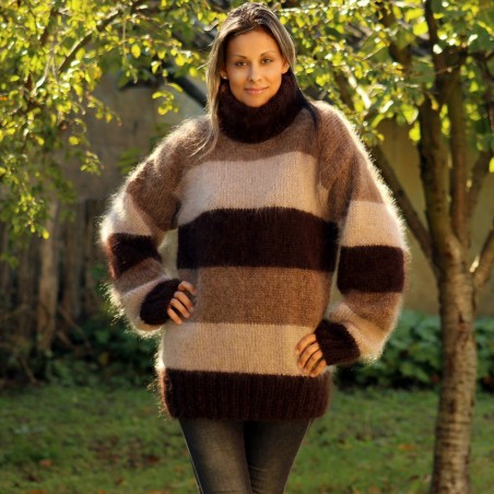 Hand Knit Mohair Sweater Striped 3 colors - Dark brown, Brawn and Cream Fuzzy Turtleneck