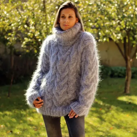 Cable Hand Knit Mohair Sweater black gray mix Fuzzy Turtleneck Handgestrickt pullover by Extravagantza