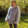 Cable Hand Knit Mohair Sweater black gray mix Fuzzy Turtleneck Handgestrickt pullover by Extravagantza