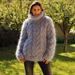 Cable Hand Knit Mohair Sweater black gray mix Fuzzy Turtleneck Handgestrickt pullover by Extravagantza