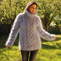 Cable Hand Knit Mohair Sweater black gray mix Fuzzy Turtleneck Handgestrickt pullover by Extravagantza