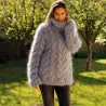 Cable Hand Knit Mohair Sweater black gray mix Fuzzy Turtleneck Handgestrickt pullover by Extravagantza