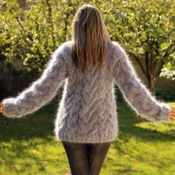 Cable Hand Knit Mohair Sweater black gray mix Fuzzy Turtleneck Handgestrickt pullover by Extravagantza